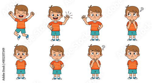 A cheerful cartoon boy showcases a range of emotions, from happiness and excitement to confusion and sadness, in a vibrant vector illustration.