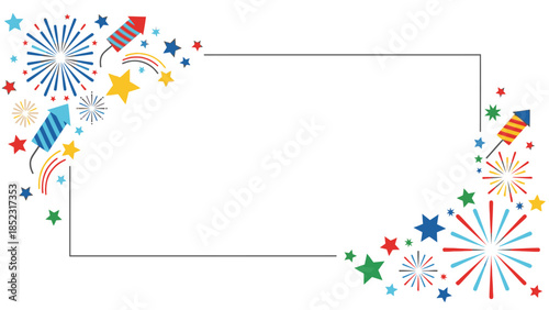 A festive frame decorated with colorful fireworks, stars, and confetti, perfect for New Year 2026 celebrations on a white background with a joyful and celebratory mood.