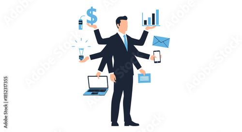 A busy professional businessman is expertly multitasking with several arms, managing various business tasks and technology in a modern flat vector illustration.