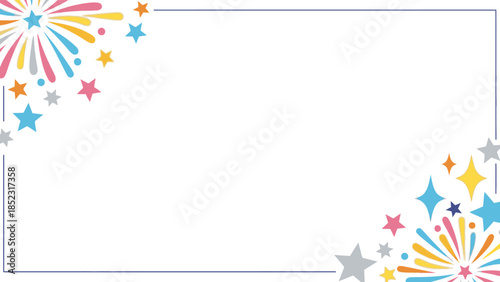 A colorful Frame New Year 2026 graphic with fireworks and stars on a white background, perfect for celebrations and festivities.