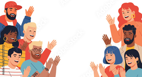 A diverse group of cheerful people, rendered in a vector style, are waving and smiling with open arms, creating a welcoming and inclusive visual representation.