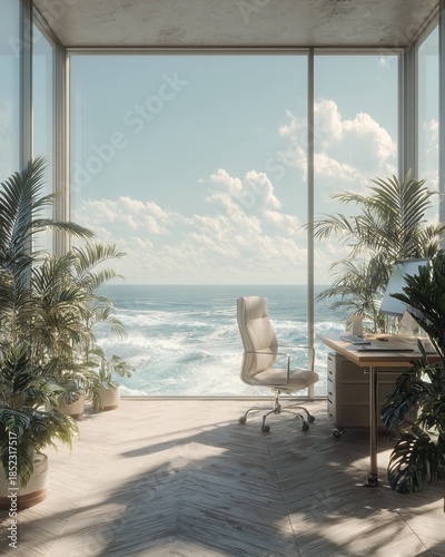 Bright Office Interior with Ocean View Desk Chair and Green Plants