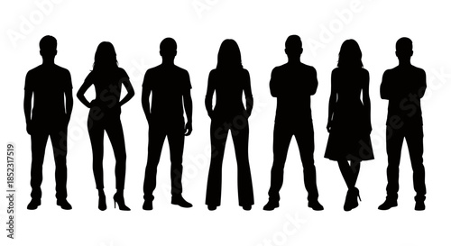 A vector illustration featuring a diverse group of silhouetted people standing together, showcasing unity and teamwork in a modern, minimalist design against a white backdrop.