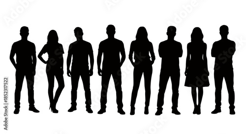A diverse group of standing adult people silhouettes is presented in a clean vector illustration, symbolizing community, teamwork, and modern human connection.
