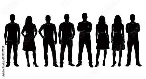 A vector illustration showcasing a diverse group of people in silhouette form, perfect for design projects, emphasizing unity and representing various demographics.