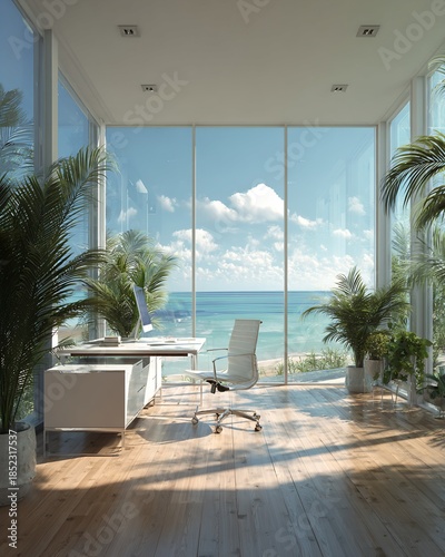 Bright Office Room Interior with Ocean View Through Large Windows and Wood Flooring and Modern Furniture and Green Plants Sunny Beach View