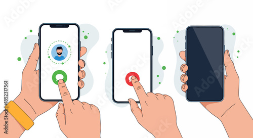 A diverse set of hands interact with modern smartphones, illustrating various actions like accepting or declining calls within a clean, vibrant vector illustration.