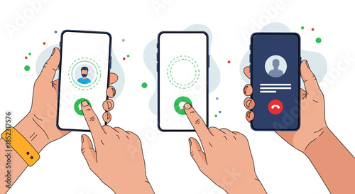 A vector illustration depicts three hands holding smartphones, each displaying a different stage of a phone call, set against a clean white background.