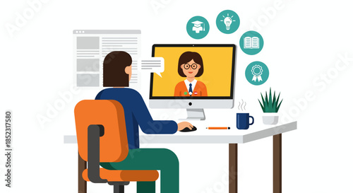 A person is actively participating in an online learning session or virtual meeting from their home office, depicted in a modern flat vector illustration style.