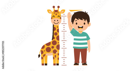 A cheerful cartoon boy happily measures his height against a cute giraffe-themed growth chart, illustrating childhood development and progress in a playful vector style.