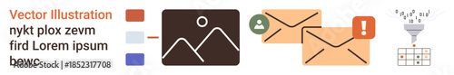 Email marketing, digital communication, messaging system, data sorting, notification alerts, IT workflow. Envelopes with icons, data funnel visual. Email marketing and digital communication concept