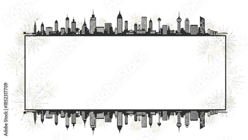 Illustration of a city skyline forming a frame for a blank white space, perfect for New Year 2026 greetings, with fireworks and a modern design.
