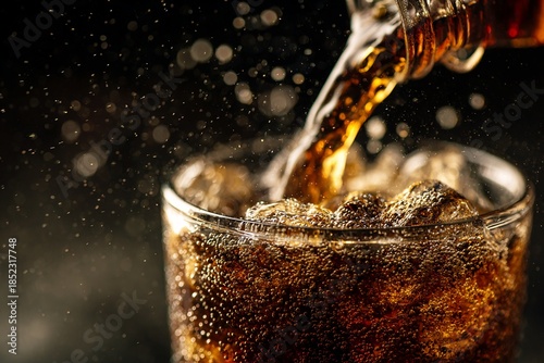 Brown Carbonated Drink Poured Into Glass with Ice Cubes against Dark Backdrop with Bokeh Lights