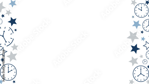 A festive Frame New Year 2026 design featuring blue and gray stars and clocks on a white background with a celebratory mood and New Year's Eve theme.