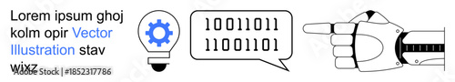 Artificial intelligence, innovation, robotics, automation, digital communication, future technology. Binary code speech bubble with robot hand and gear lightbulb. Artificial intelligence