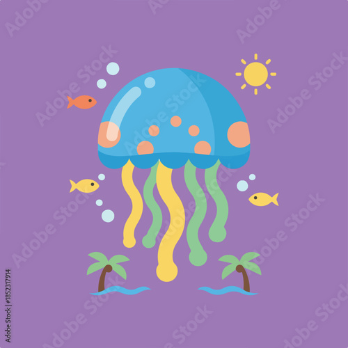 A cheerful cartoon illustration of a large blue jellyfish, colorful fish, bubbles, and palm trees under a sunny sky on a vibrant purple background.