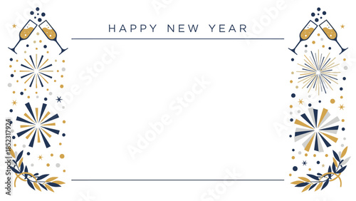 A festive Frame New Year 2026 graphic design with fireworks and confetti in blue, yellow, and white hues on a white background, conveying a celebratory mood with a shallow depth of field.