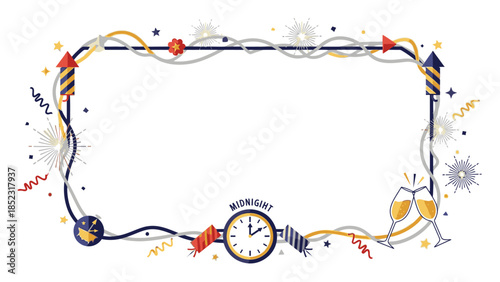 Colorful frame with fireworks and clock striking midnight on a white background, celebrating Frame New Year 2026 with festive decorations and confetti.