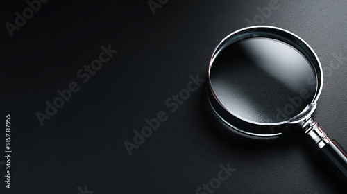 Chrome Magnifying Glass on a Dark Textured Background with Reflection and Dust Particles Top Down View