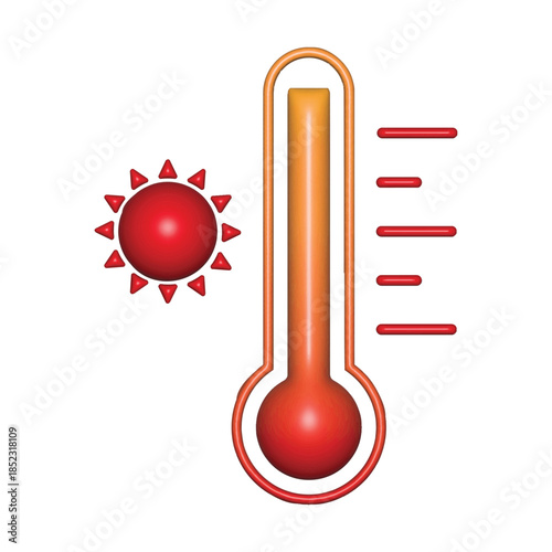 3D thermometer showing high temperature. Sun and temperature scale symbol in 3D style, representing heat and hot weather. Vector illustration isolated on white background, EPS 10.