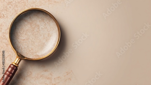 Close Up Golden Magnifying Glass with Brown Handle on Beige Background Under Soft Lighting for Exploration and Clarity
