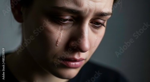 Solitary Sorrow: A close-up portrait captures a woman overcome by sadness, tears streaming down her face, conveying raw, unfiltered emotion and the weight of inner turmoil.