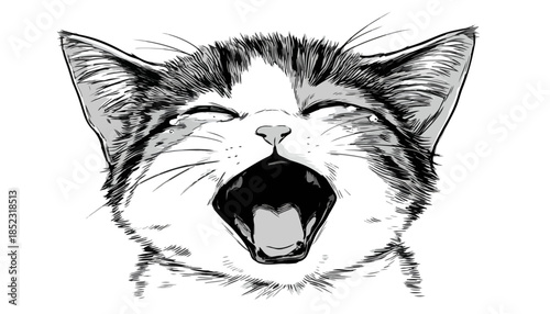 Desenho vetorial em preto e branco de um gatinho fofo bocejando com a boca bem aberta.