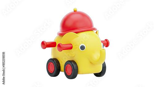 Yellow Elephant Toy with Red Helmet and Wheels on White Background