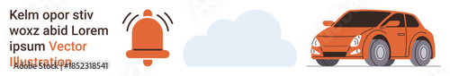 Connectivity, alerts, transportation, cloud computing, notifications, automotive technology. An orange car is accompanied by a notification bell and cloud icon. Connectivity and alerts concept