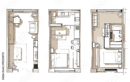 Três diferentes projetos de planta baixa de apartamento estilo estúdio, desenho arquitetônico vetorial em perspectiva.