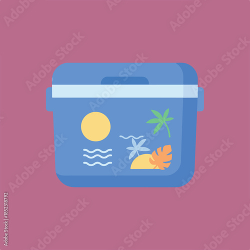 A flat-design blue cooler box with a light blue stripe, adorned with a stylized tropical beach scene featuring a sun, waves, a palm tree, and tropical foliage.