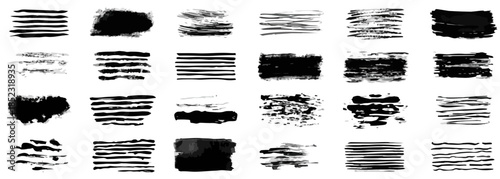 Coleção de pinceladas e rabiscos pretos em vetor, texturas abstratas de pincel seco e tinta.