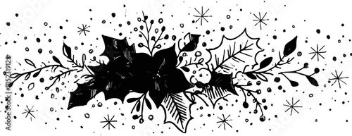 Vetor de guirlanda natalina desenhada à mão com azevinho, poinsétia e flocos de neve caindo.