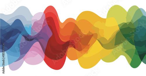 Vetor abstrato de ondas coloridas em camadas transparentes, representando espectro vibrante e fluidez visual.