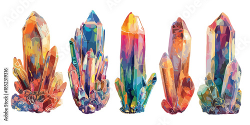 Vetor vibrante de cinco cristais de quartzo coloridos com textura de pintura a óleo sobre fundo branco.