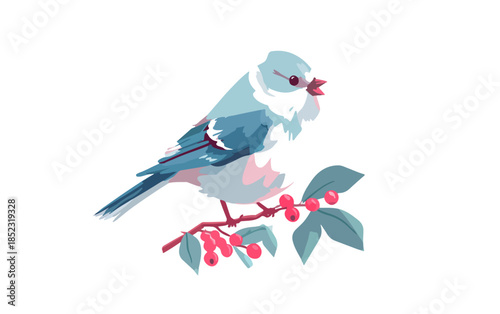 Vetor delicado de pássaro azul claro pousado em galho com frutas vermelhas em fundo branco isolado.