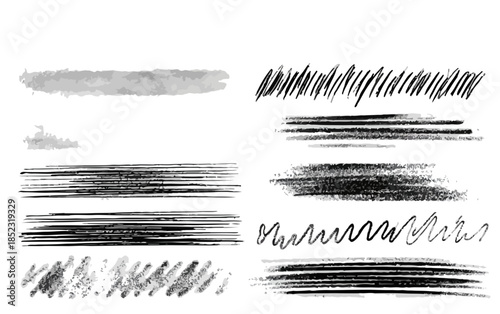 Coleção de pinceladas e traços de lápis em tons de cinza para design gráfico e texturas artísticas.