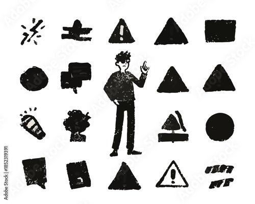 Vetor de ícones desenhados à mão em estilo grunge, incluindo um homem e símbolos de aviso em preto e branco.