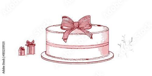 Desenho elegante de bolo de aniversário branco com laço rosa e pequenos presentes, isolado.
