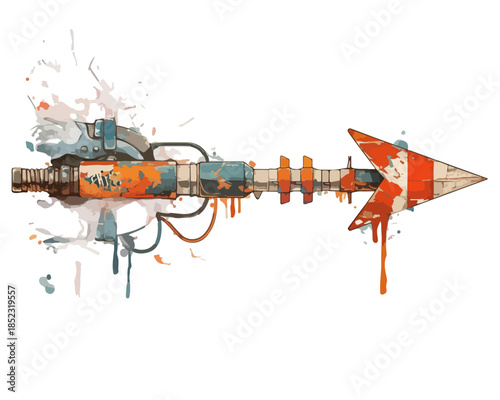 Seta futurista com ponta de flecha mecânica estilizada, respingos de tinta e fundo transparente.