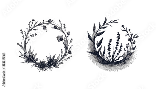 Conjunto de dois aros decorativos botânicos desenhados à mão com folhagens e flores silvestres em estilo vintage.