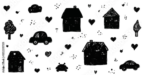 Desenho infantil preto e branco de casas, carros e corações em estilo rabiscado com fundo transparente.