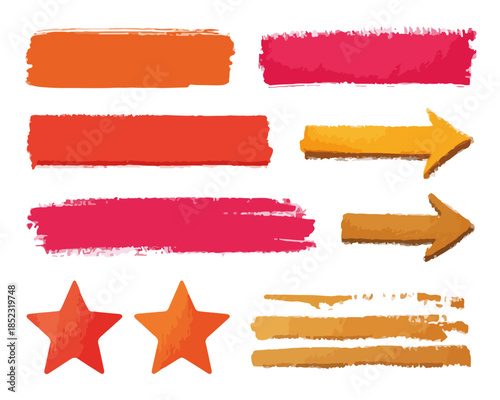 Conjunto de pinceladas e setas vibrantes em estilo aquarela com fundo transparente para design gráfico.