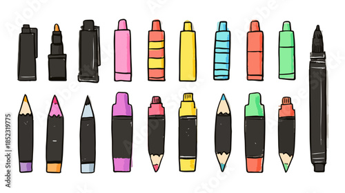 Coleção vetorial de canetas, lápis e marcadores coloridos com fundo transparente para desenho e arte.