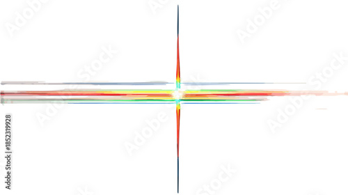 Efeito de brilho de lente estelar colorido e abstrato com cruz central sobre fundo branco transparente.