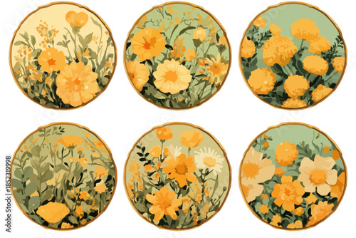 Seis ilustrações circulares de flores silvestres amarelas com fundo verde-azulado e borda dourada.