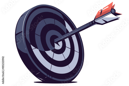 Seta de alvo acertando o centro do alvo em ilustração vetorial com fundo transparente.