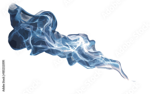 Fumaça azul etérea e fluida em movimento abstrato com fundo transparente para design gráfico.
