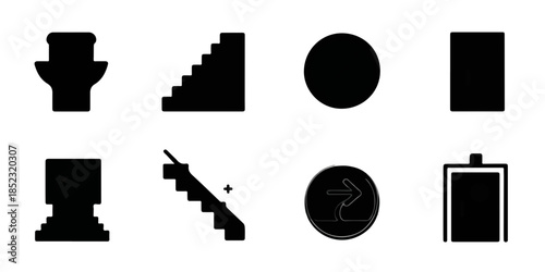 Conjunto de ícones vetoriais pretos e sólidos, incluindo setas de direção, escadas e formas geométricas para sinalização.