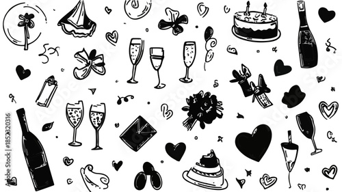 Coleção de ícones de celebração e festa em estilo esboço preto e branco com fundo transparente.